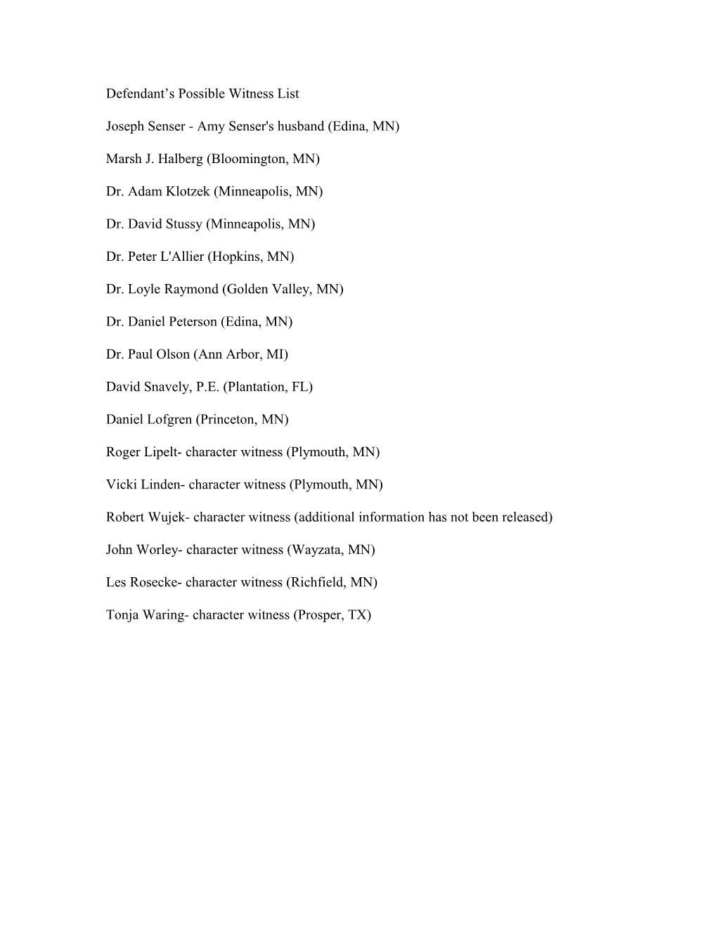 Defendant S Possible Witness List