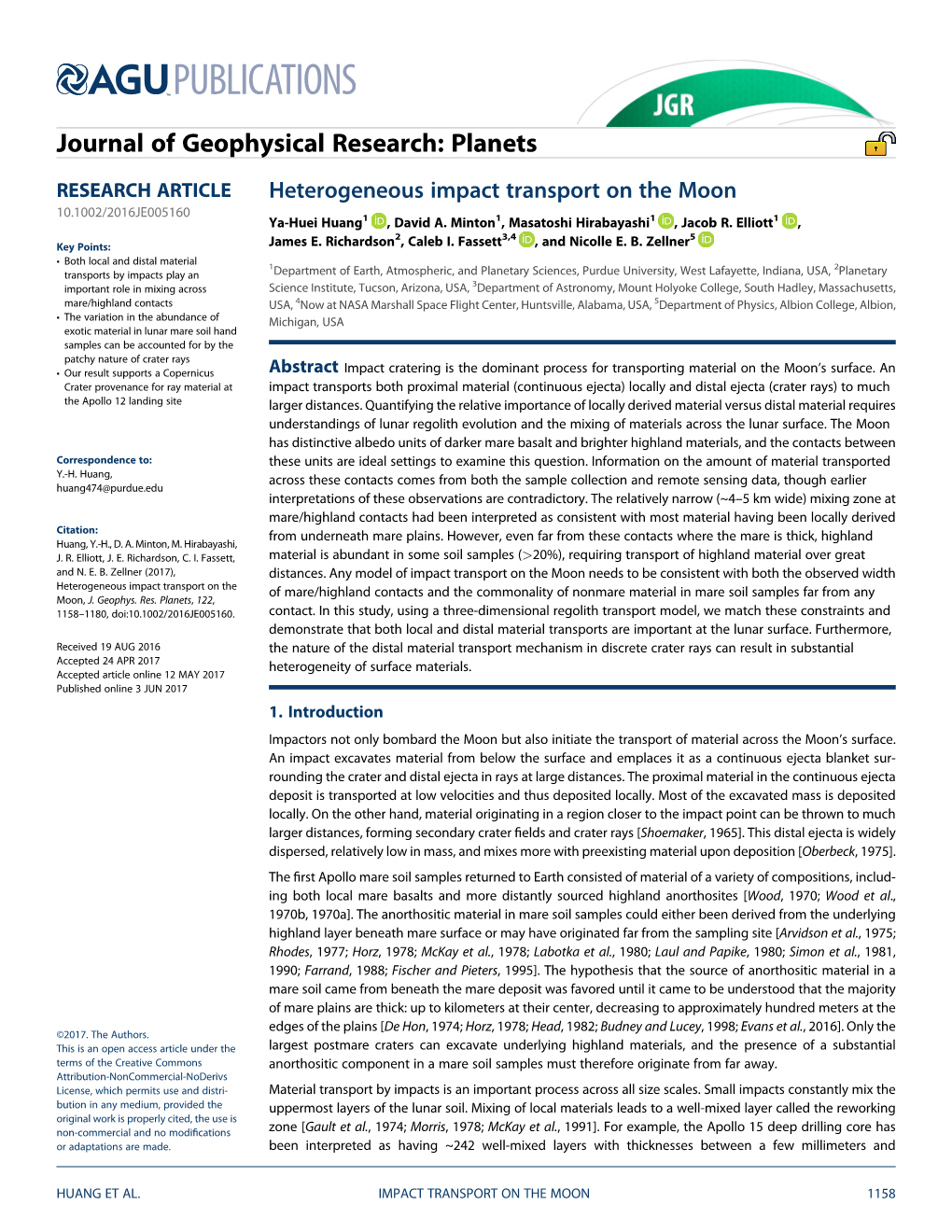 Heterogeneous Impact Transport on the Moon 10.1002/2016JE005160 Ya-Huei Huang1 , David A