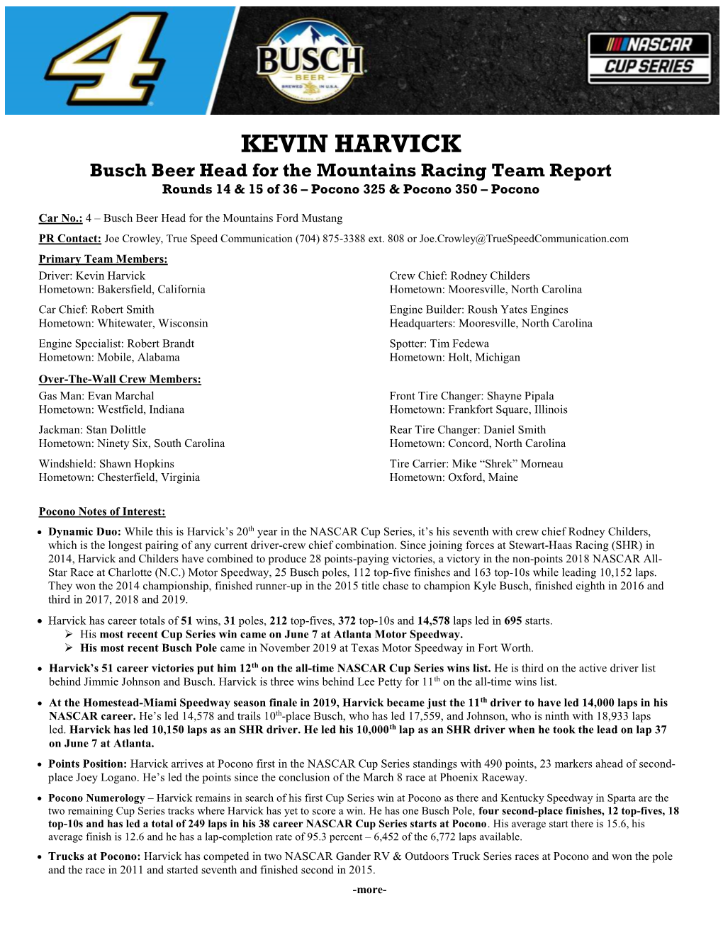 KEVIN HARVICK Busch Beer Head for the Mountains Racing Team Report Rounds 14 & 15 of 36 – Pocono 325 & Pocono 350 – Pocono