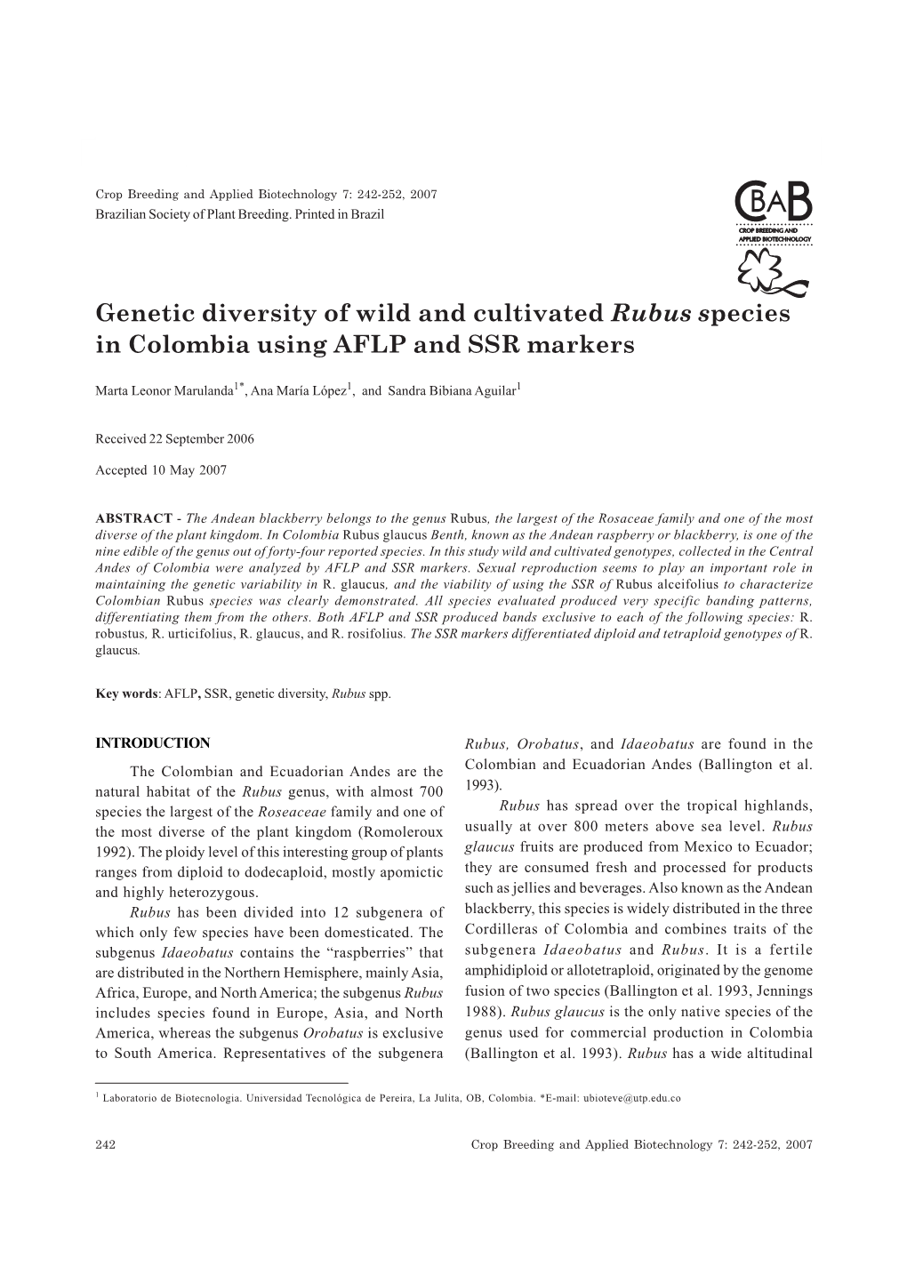 Genetic Diversity of Wild and Cultivated Rubus Species in Colombia Using AFLP and SSR Markers