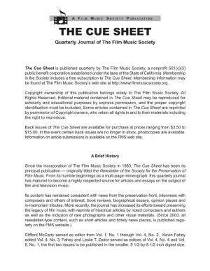 THE CUE SHEET Quarterly Journal of the Film Music Society