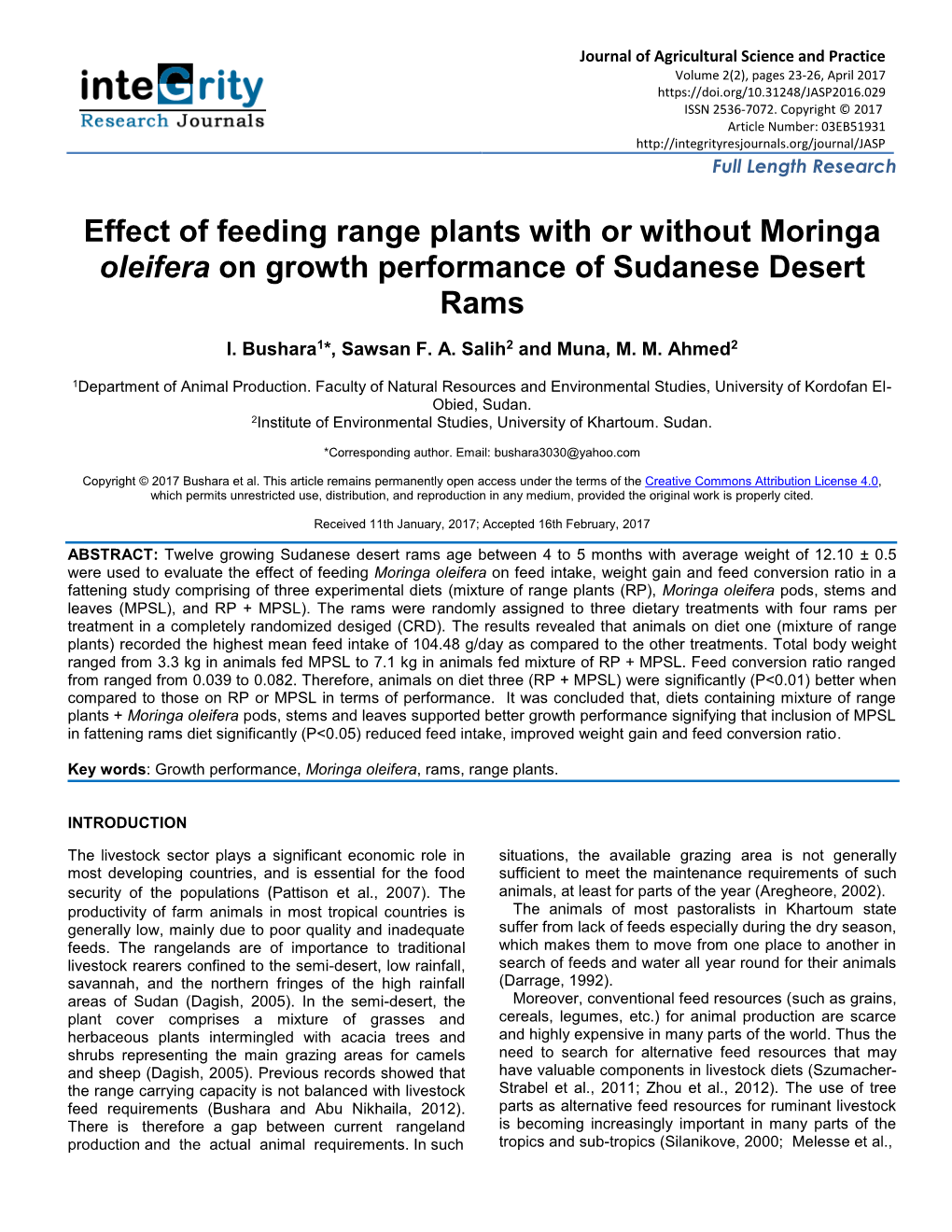 Effect of Feeding Range Plants with Or Without Moringa Oleifera on Growth Performance of Sudanese Desert Rams