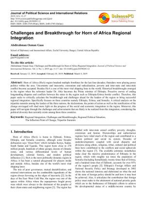 Challenges and Breakthrough for Horn of Africa Regional Integration