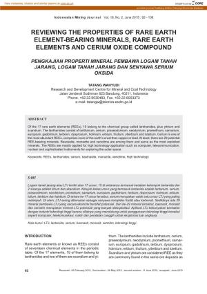 Reviewing the Properties of Rare Earth Element-Bearing Minerals, Rare Earth Elements and Cerium Oxide Compound