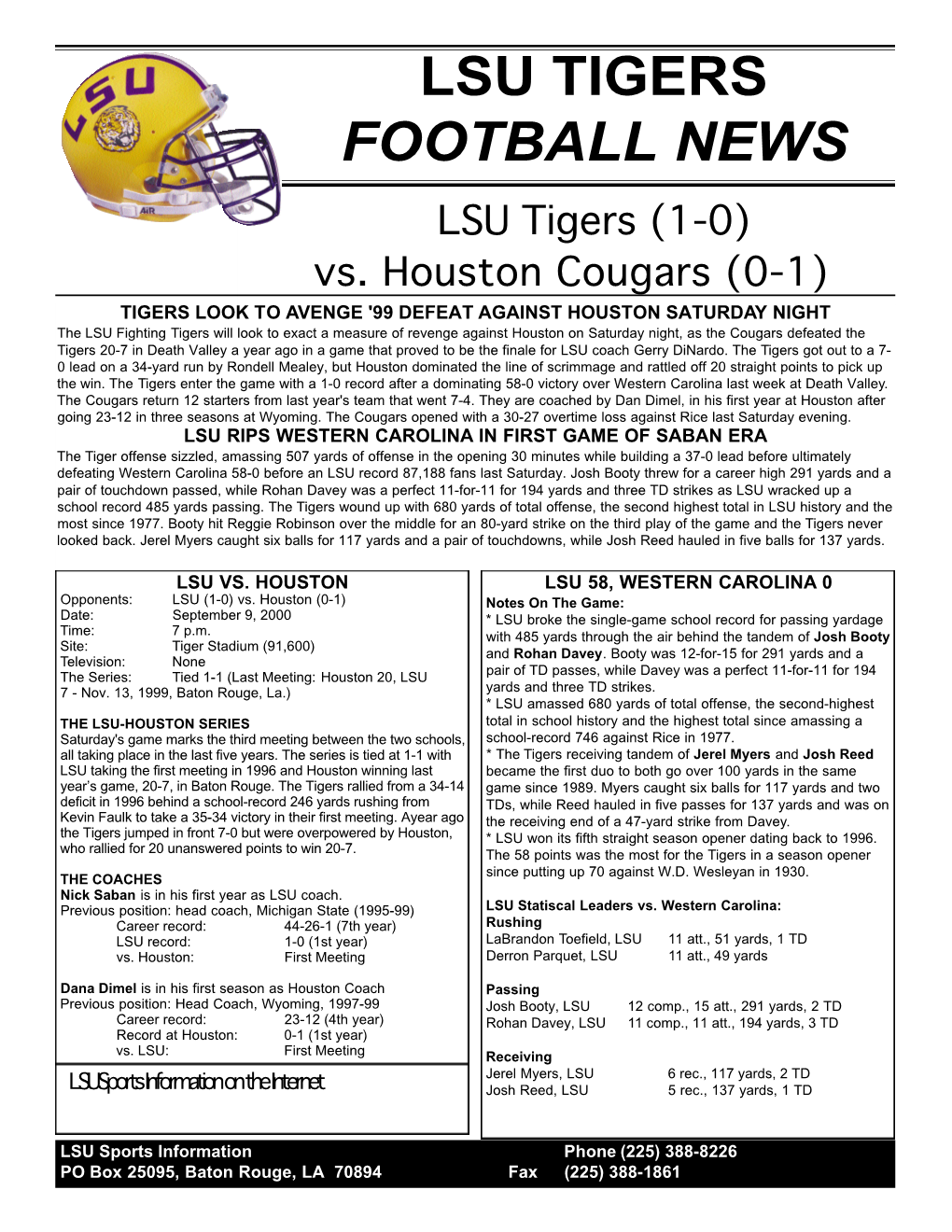 LSU TIGERS FOOTBALL NEWS LSU Tigers (1-0) Vs