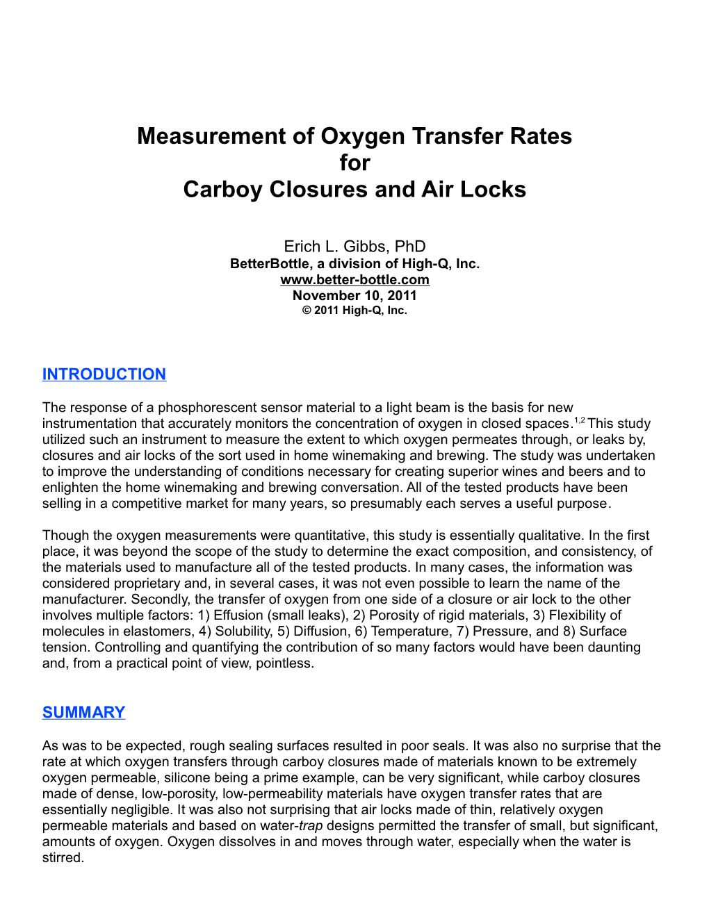 Measurement of Oxygen Transfer Rates for Carboy Closures and Air Locks