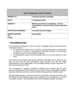 Modernising Schools on Anglesey – Formal Consultation in the Bro Rhosyr and Bro Aberffraw Areas