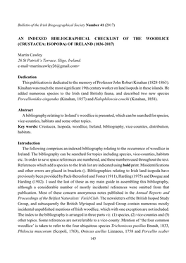 An Indexed Bibliographical Checklist of the Woodlice (Crustacea: Isopoda) of Ireland (1836-2017)