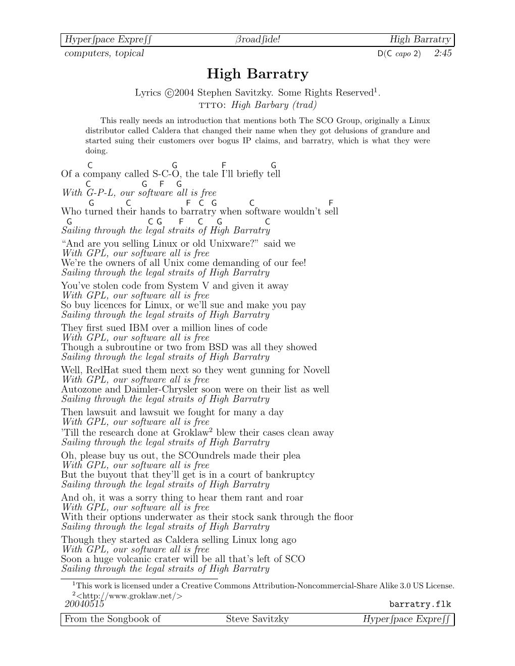 High Barratry Computers, Topical D(C Capo 2) 2:45 High Barratry Lyrics C 2004 Stephen Savitzky