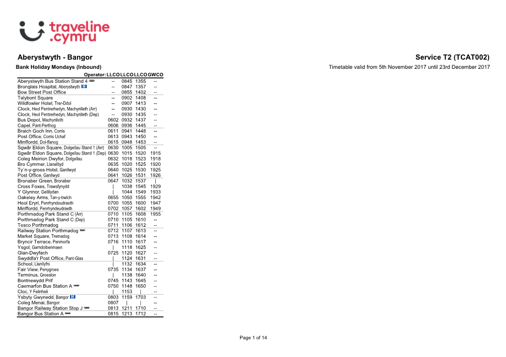 Traveline Cymru A4 Landscape Timetable