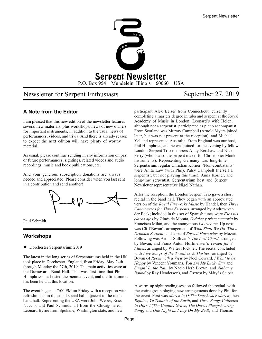Newsletter for Serpent Enthusiasts September 27, 2019