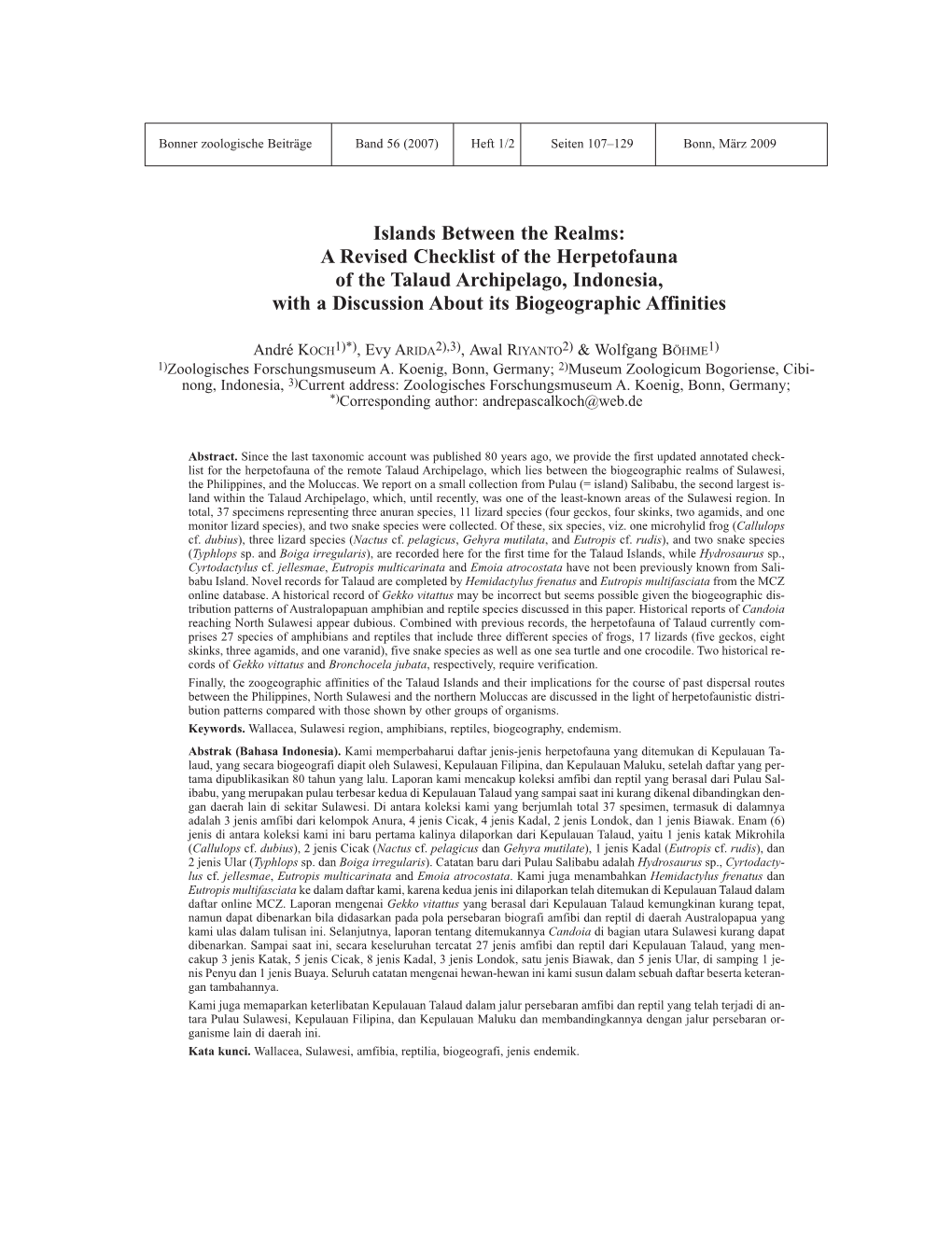 Islands Between the Realms: a Revised Checklist of the Herpetofauna of the Talaud Archipelago, Indonesia, with a Discussion About Its Biogeographic Affinities