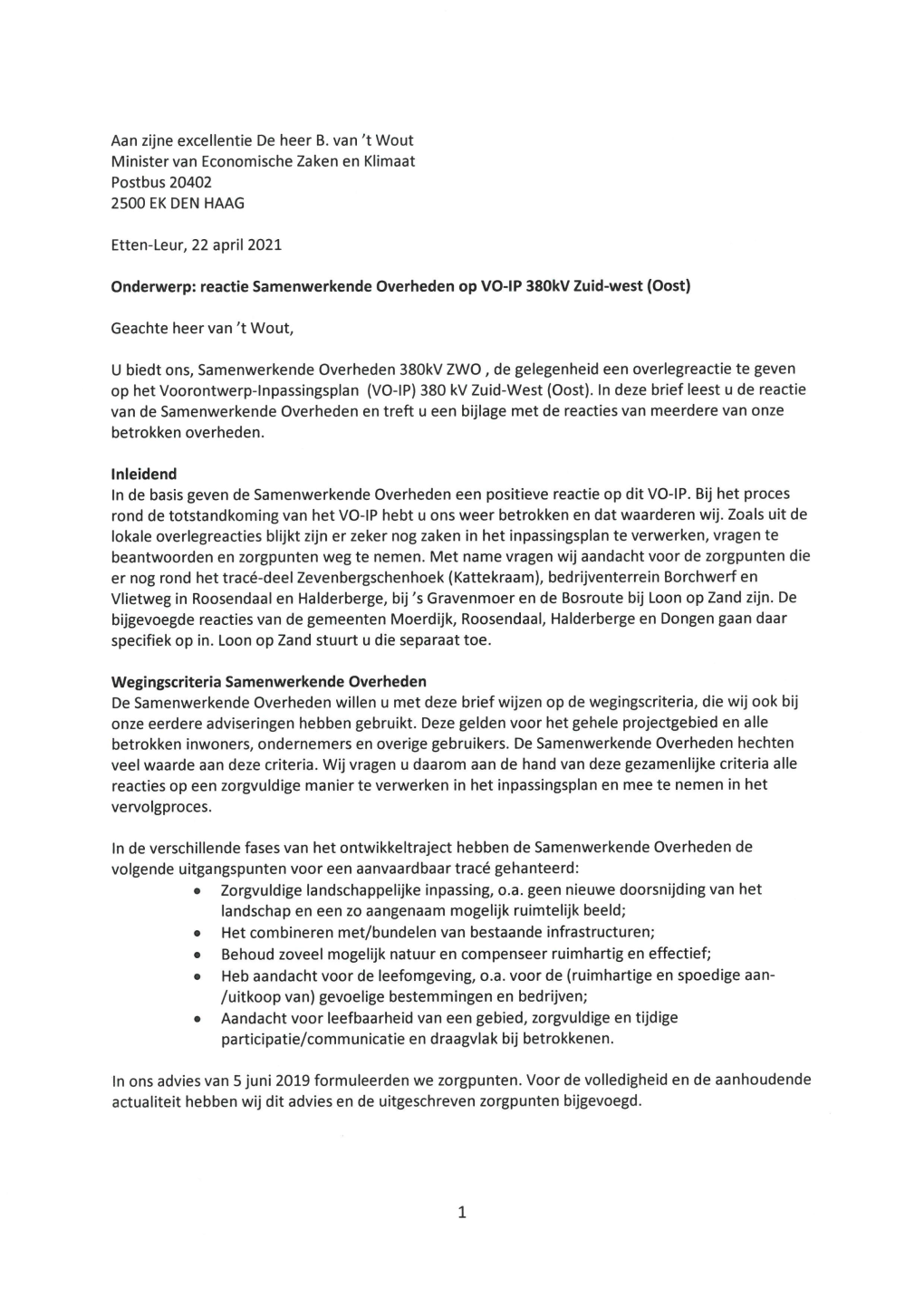 Reactie Samenwerkende Overheden Op VO-IP 380Kv Zuid-West (Oost)