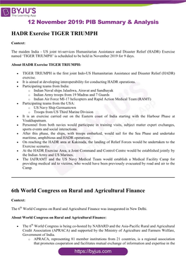 12 November 2019: PIB Summary & Analysis HADR Exercise TIGER TRIUMPH 6Th World Congress on Rural and Agricultural Finance