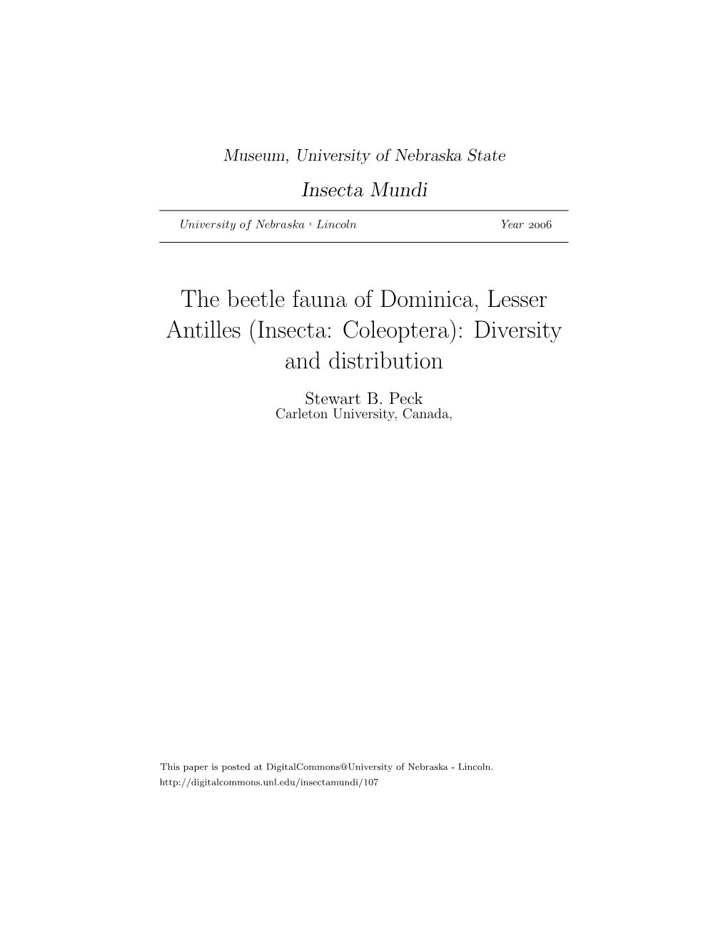 The Beetle Fauna of Dominica, Lesser Antilles (Insecta: Coleoptera): Diversity and Distribution Stewart B