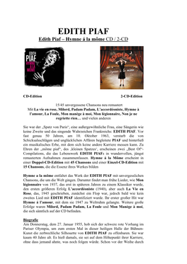 EDITH PIAF Edith Piaf – Hymne Á La Môme CD / 2-CD
