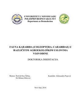 Fauna Karabida (Coleoptera; Carabidae) U Različitim Agroekološkim Uslovima Vojvodine
