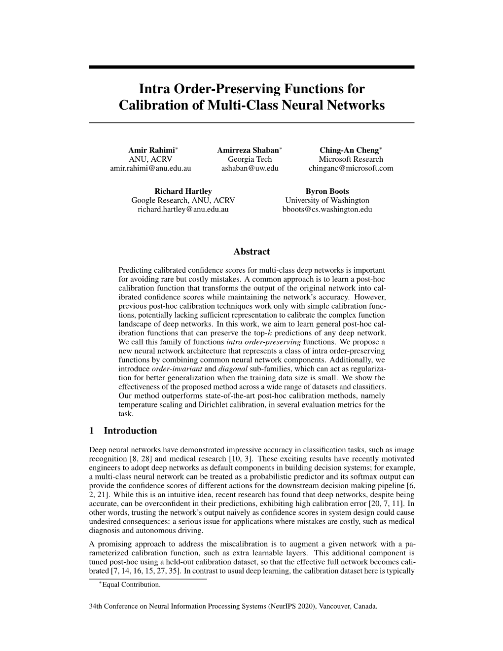 Intra Order-Preserving Functions for Calibration of Multi-Class Neural Networks