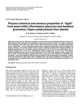 Physico-Chemical and Sensory Properties of “Agidi” from Pearl-Millet (Pennisetum Glaucum) and Bambara Groundnut (Vigna Subterranean) Flour Blends