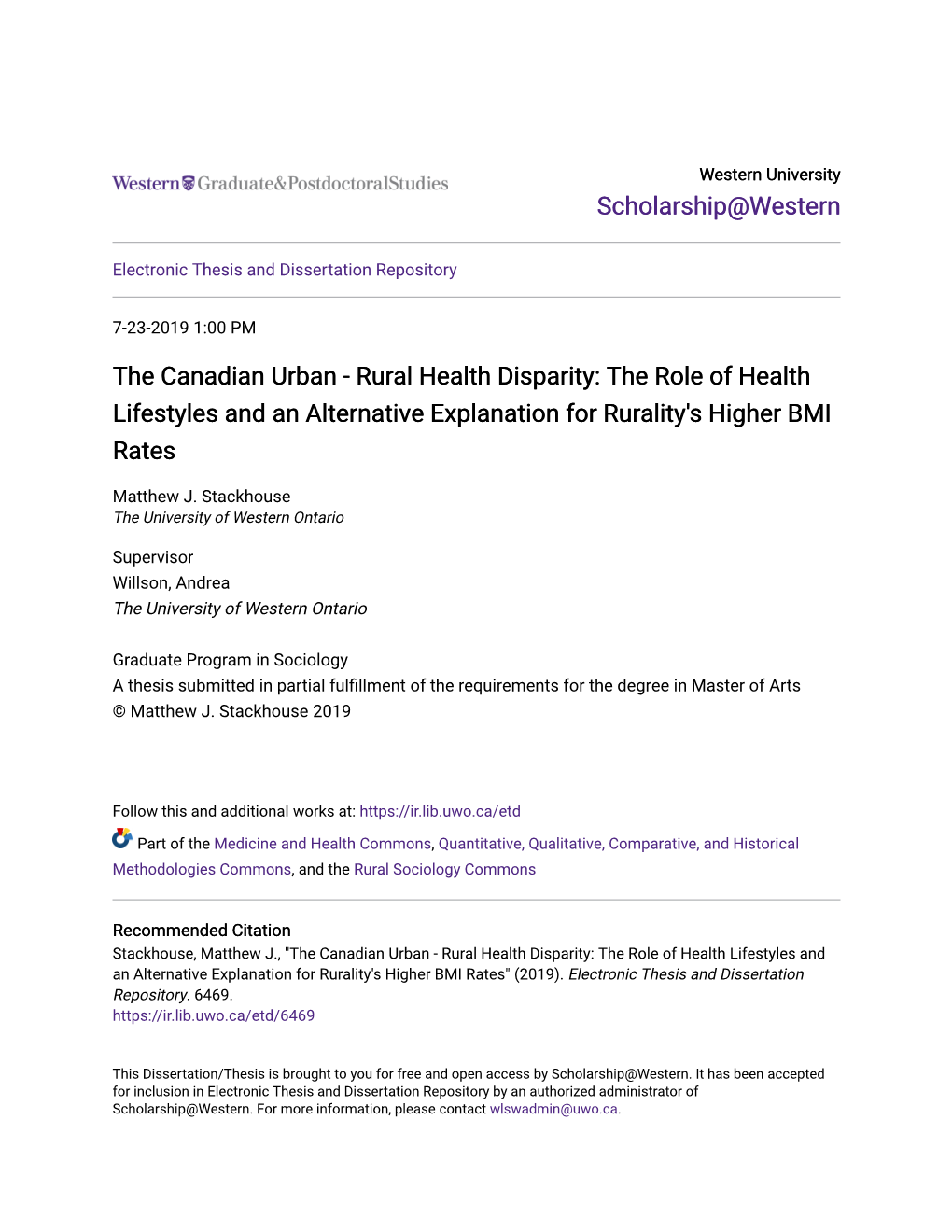 The Canadian Urban - Rural Health Disparity: the Role of Health Lifestyles and an Alternative Explanation for Rurality's Higher BMI Rates