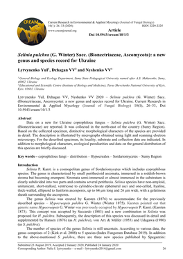 Selinia Pulchra (G. Winter) Sacc. (Bionectriaceae, Ascomycota): a New Genus and Species Record for Ukraine