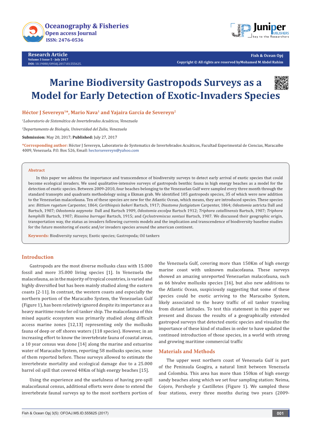 Marine Biodiversity Gastropods Surveys As a Model for Early Detection of Exotic-Invaders Species