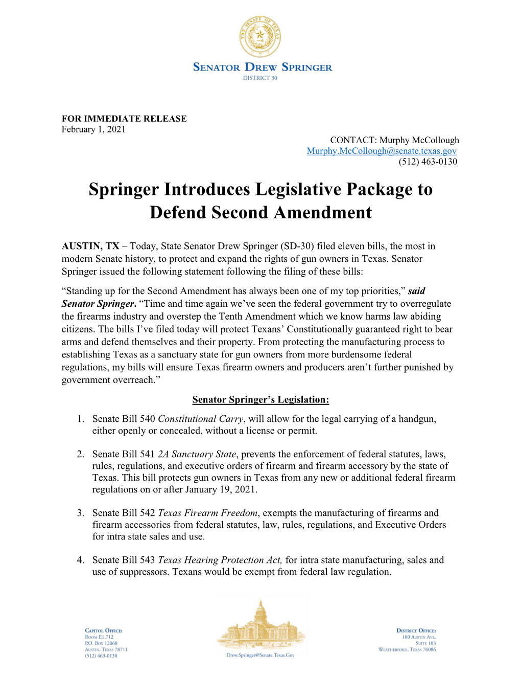 Springer Introduces Legislative Package to Defend Second