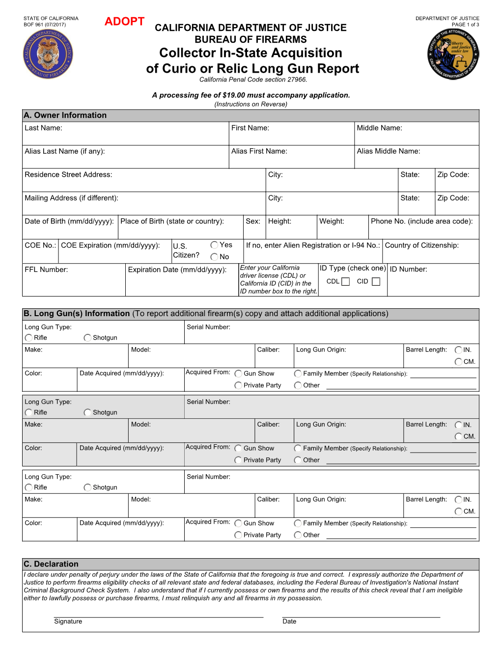 Collector In-State Acquisition of Curio Or Relic Long Gun Report California Penal Code Section 27966