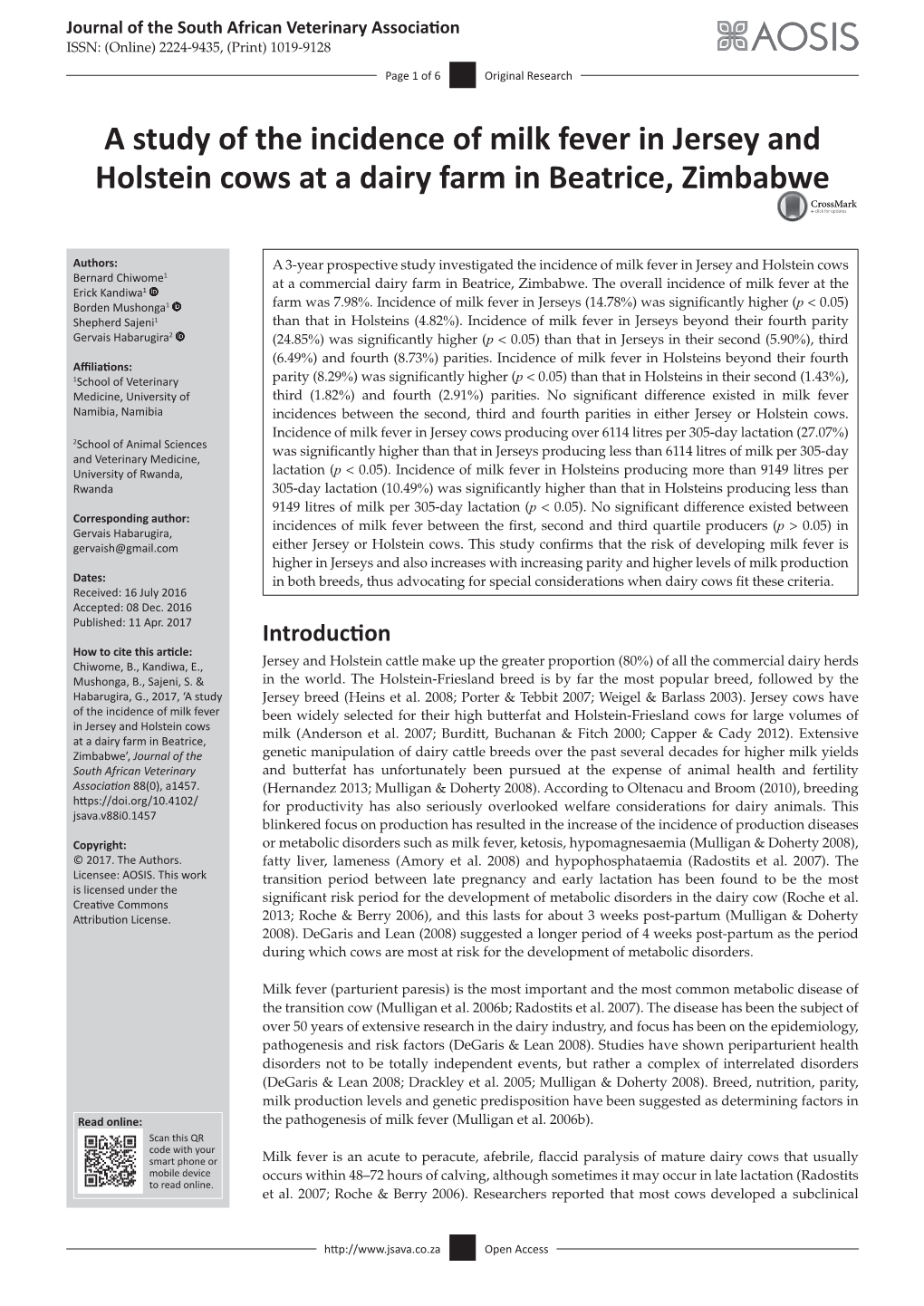 A Study of the Incidence of Milk Fever in Jersey and Holstein Cows at a Dairy Farm in Beatrice, Zimbabwe