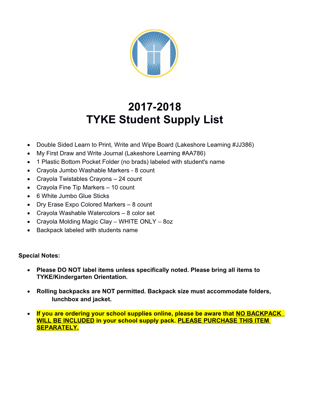 TYKE Student Supply List