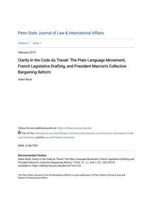 Clarity in the Code Du Travail: the Plain Language Movement, French Legislative Drafting, and President Macron’S Collective Bargaining Reform