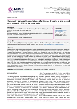 Community Composition and Status of Avifaunal Diversity in and Around Ottu Reservoir of Sirsa, Haryana, India