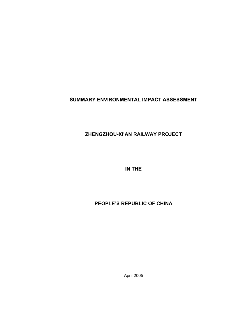 Summary Environmental Impact Assessment Zhengzhou-Xi'an