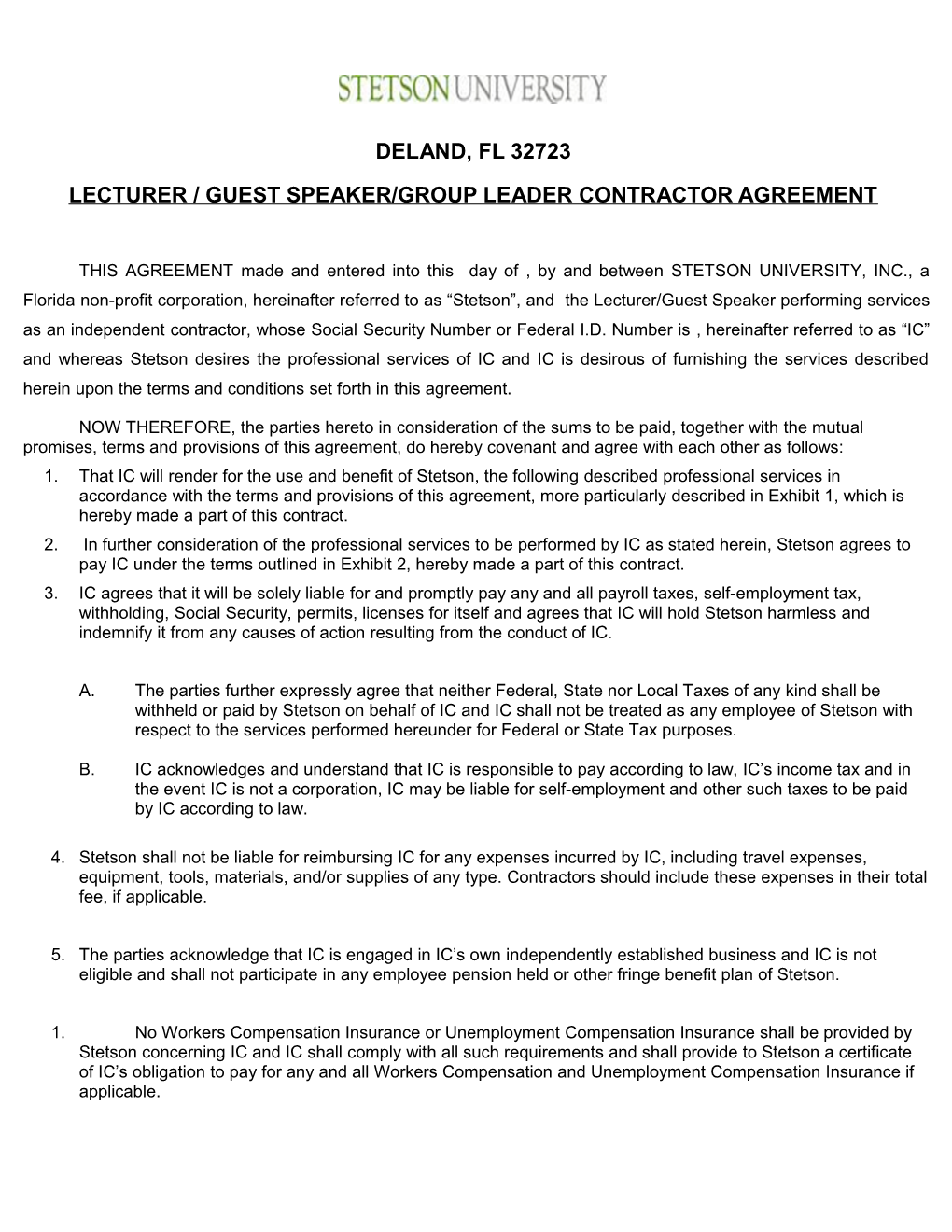 Lecturer / Guest Speaker/Group Leader Contractor Agreement