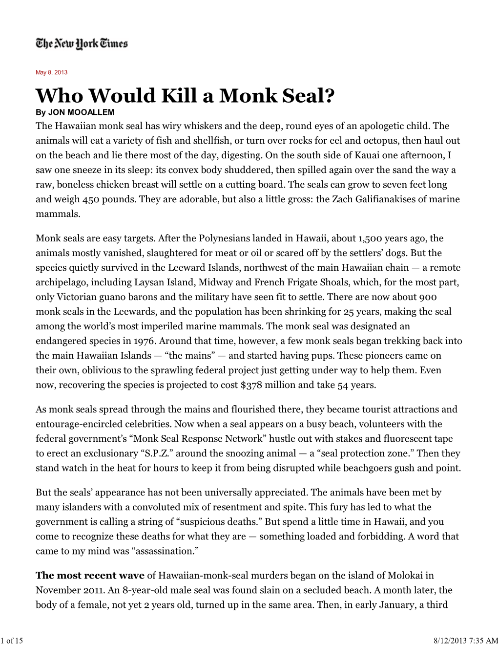 Who Would Kill a Monk Seal? - Nytimes.Com