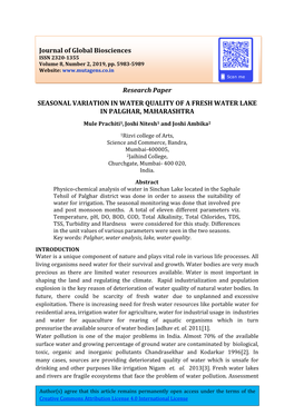 SEASONAL VARIATION in WATER QUALITY of a FRESH WATER LAKE in PALGHAR, MAHARASHTRA Mule Prachiti1, Joshi Nitesh1 and Joshi Ambika2