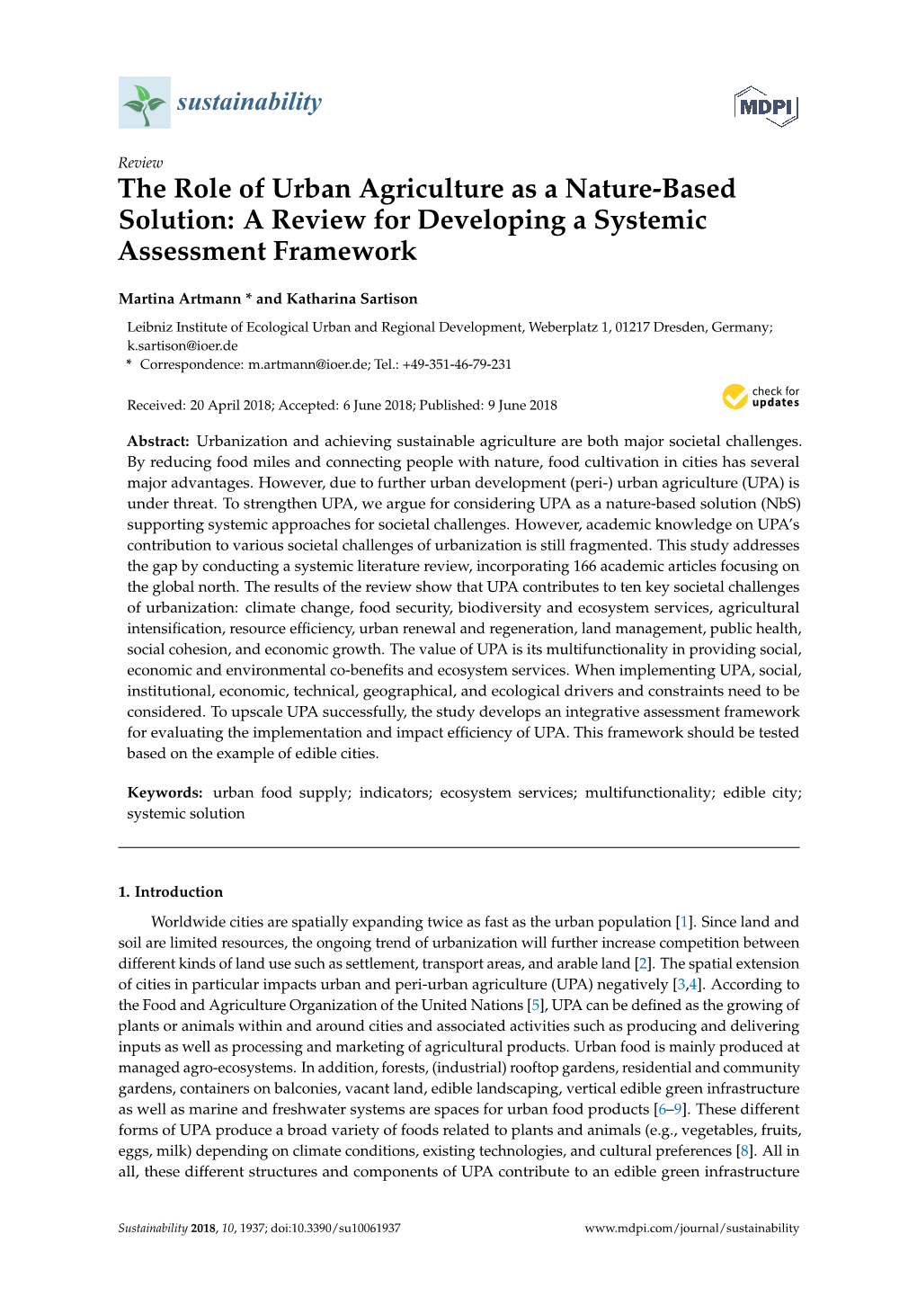 The Role of Urban Agriculture As a Nature-Based Solution: a Review for Developing a Systemic Assessment Framework