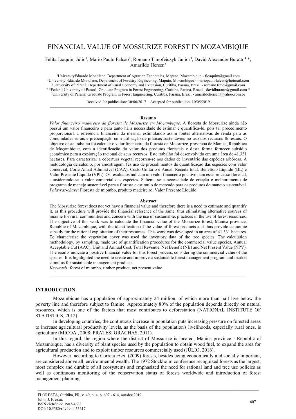 Financial Value of Mossurize Forest in Mozambique