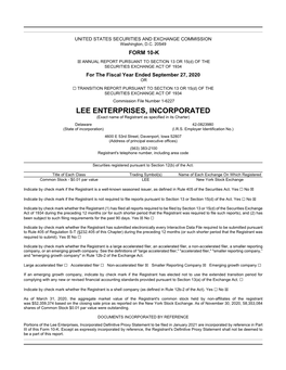LEE ENTERPRISES, INCORPORATED (Exact Name of Registrant As Specified in Its Charter) Delaware 42-0823980 (State of Incorporation) (I.R.S