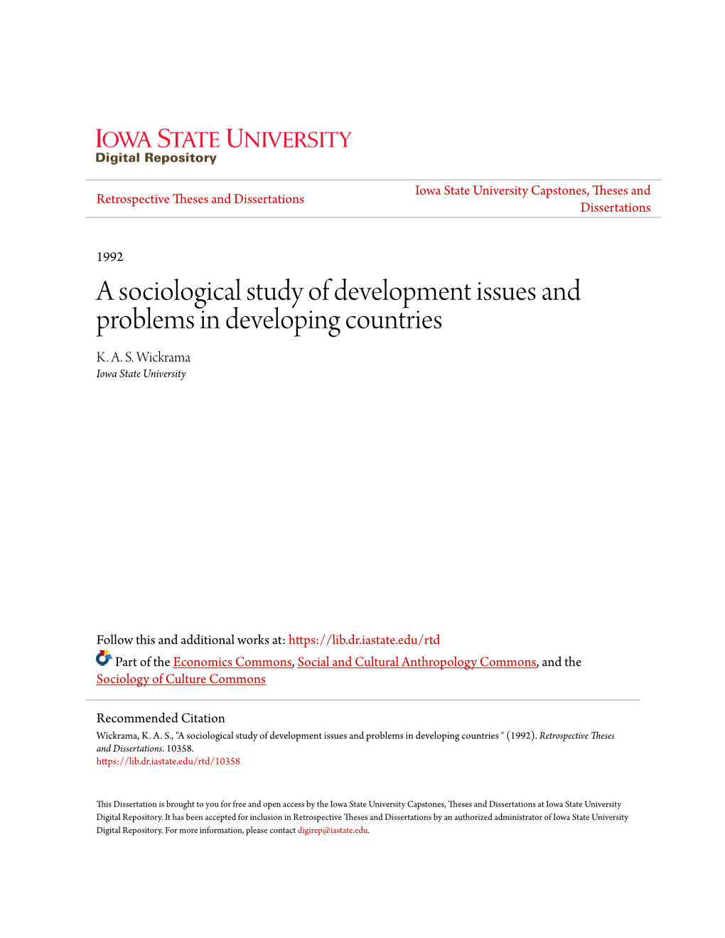 A Sociological Study of Development Issues and Problems in Developing Countries K