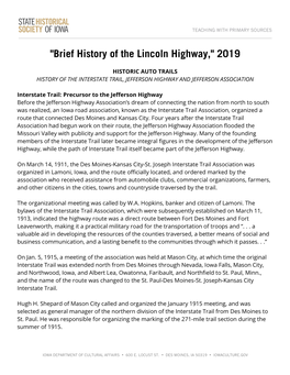 "Brief History of the Lincoln Highway," 2019