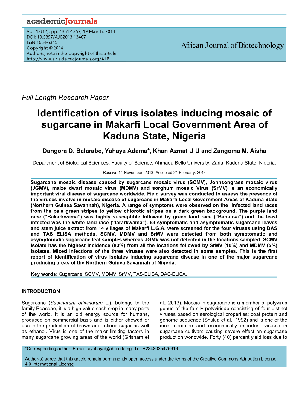 Identification of Virus Isolates Inducing Mosaic of Sugarcane in Makarfi Local Government Area of Kaduna State, Nigeria