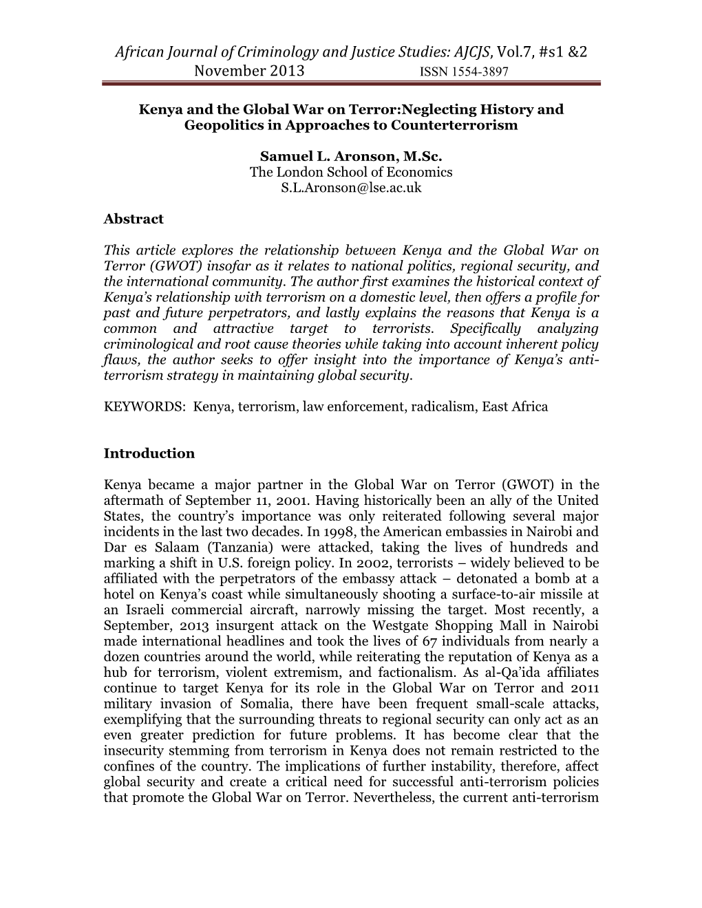 Kenya and the Global War on Terror:Neglecting History and Geopolitics in Approaches to Counterterrorism