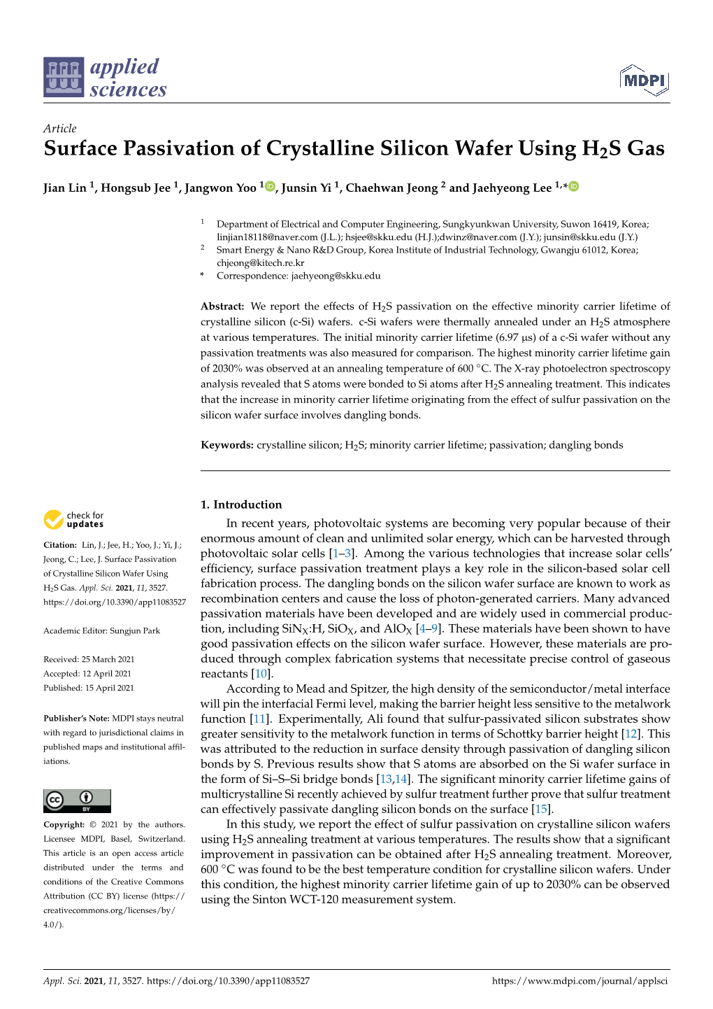 Surface Passivation of Crystalline Silicon Wafer Using H2S Gas