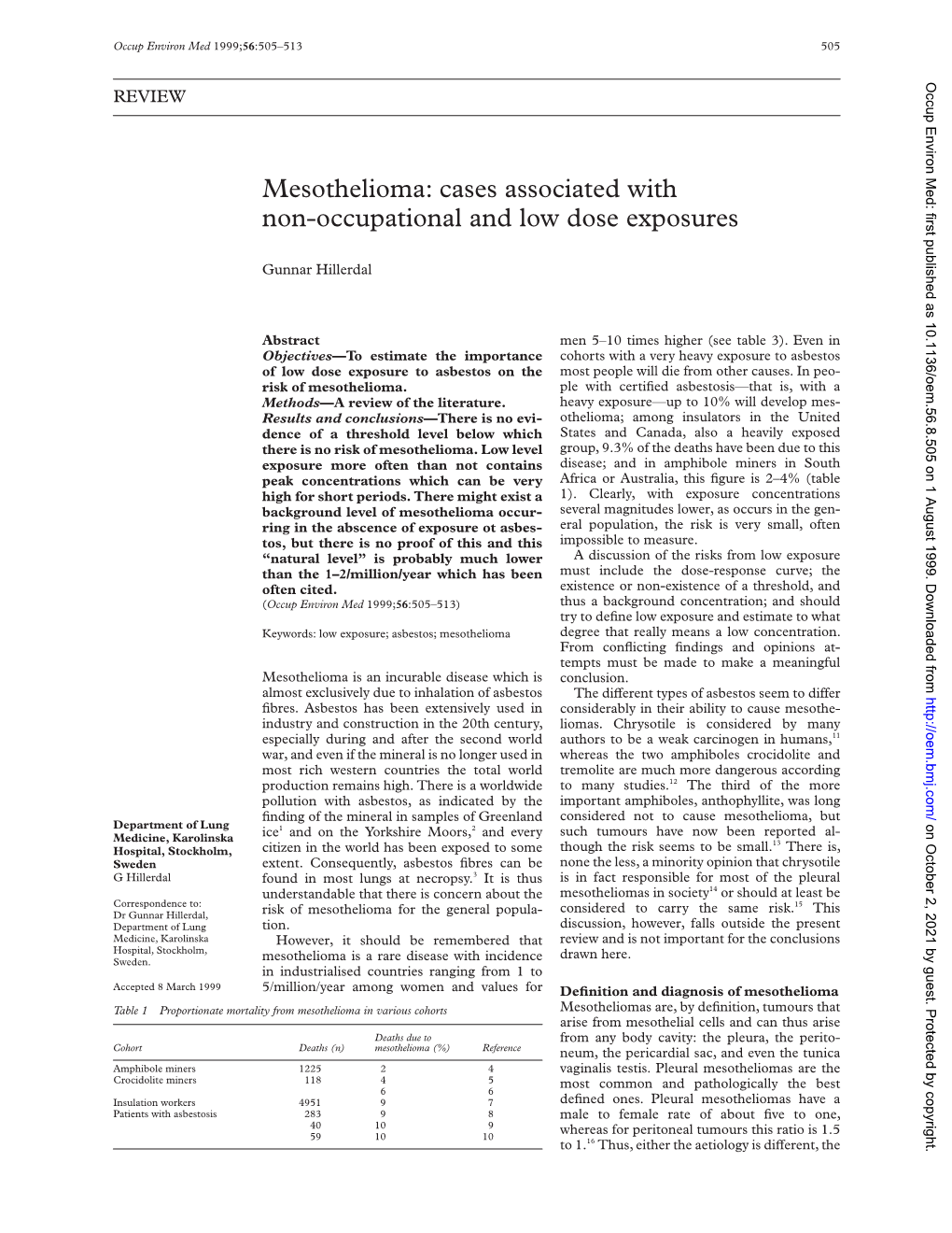 Mesothelioma: Cases Associated with Non-Occupational and Low Dose Exposures