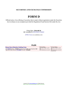 Bossa Nova Robotics Holding Corp. Form D Filed 2016-08-26