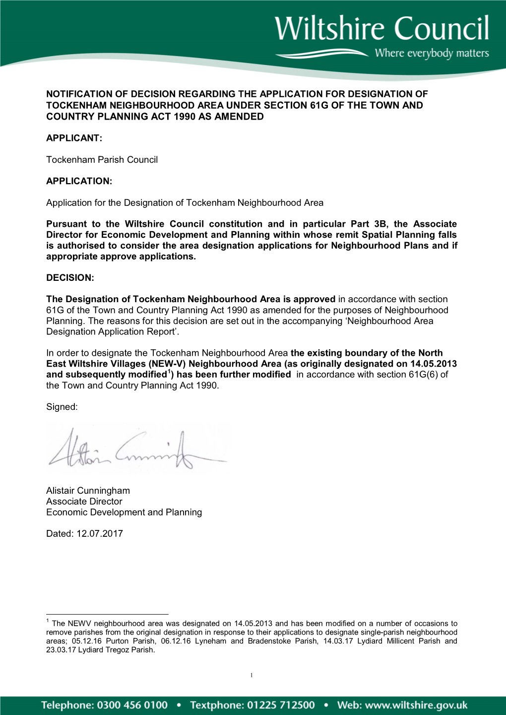 Tockenham Neighbourhood Area Under Section 61G of the Town and Country Planning Act 1990 As Amended