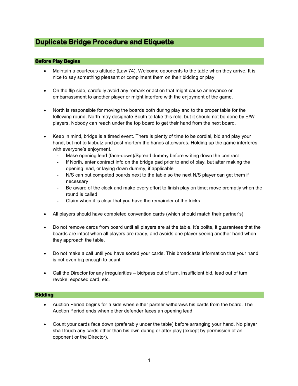 Duplicate Bridge Procedure and Etiquette