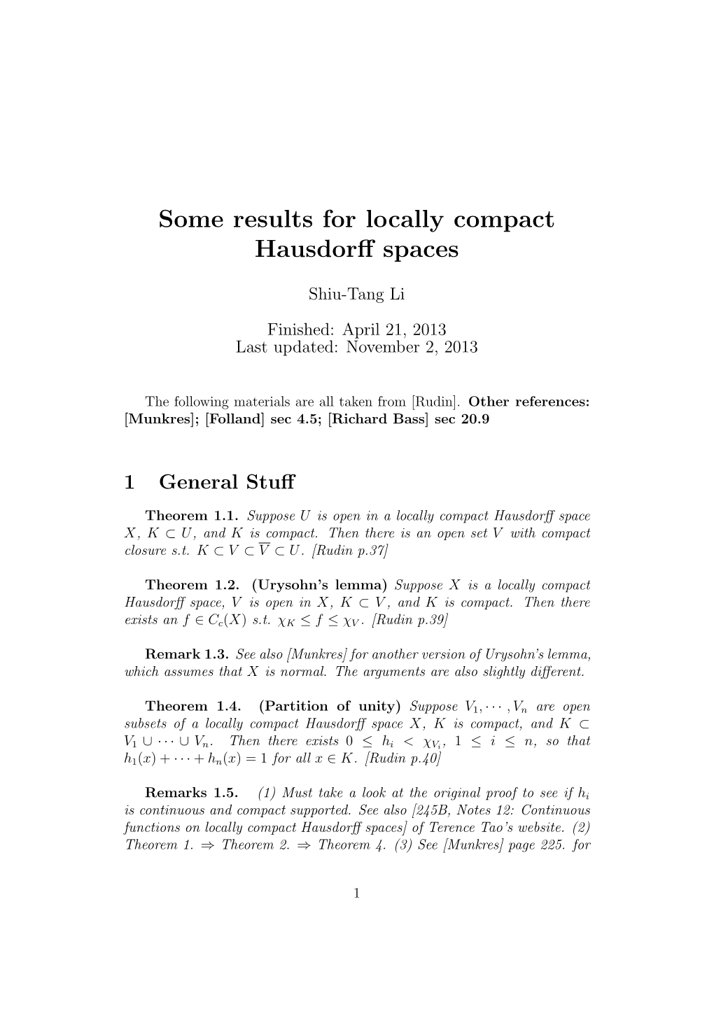 Some Results for Locally Compact Hausdorff Spaces