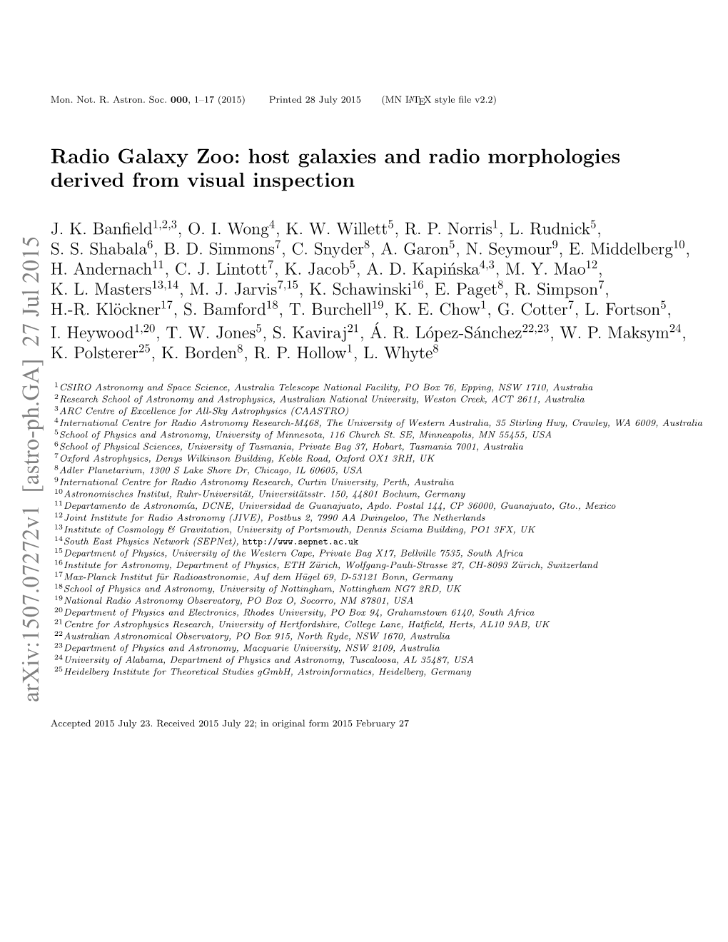 Radio Galaxy Zoo: Host Galaxies and Radio Morphologies Derived from Visual Inspection